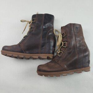 Sorel Joan of Arctic II Wedge Ankle Boot Womens 9 Brown Leather Lace Up Lug Sole